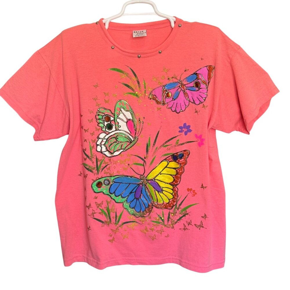 MATCH POINT T-Shirt Womens XXL Pink Butterfly 3D Puff Paint Vintage Late 90s Nos